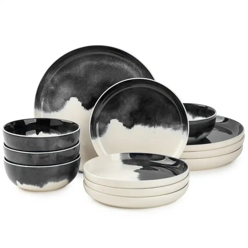 

Dinnerware Grey Drip Stoneware, 12 Piece Set Kitchen Accessories