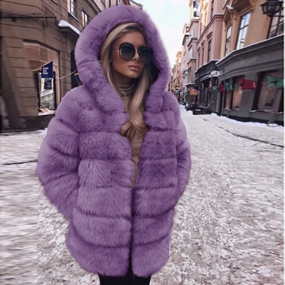 Women Loose Long High Qulilty Luxury Fake Fur Coat Fox Fur Jacket with Big Fur Hood Full Sleeve Winter Fashion Warm Thick Fur