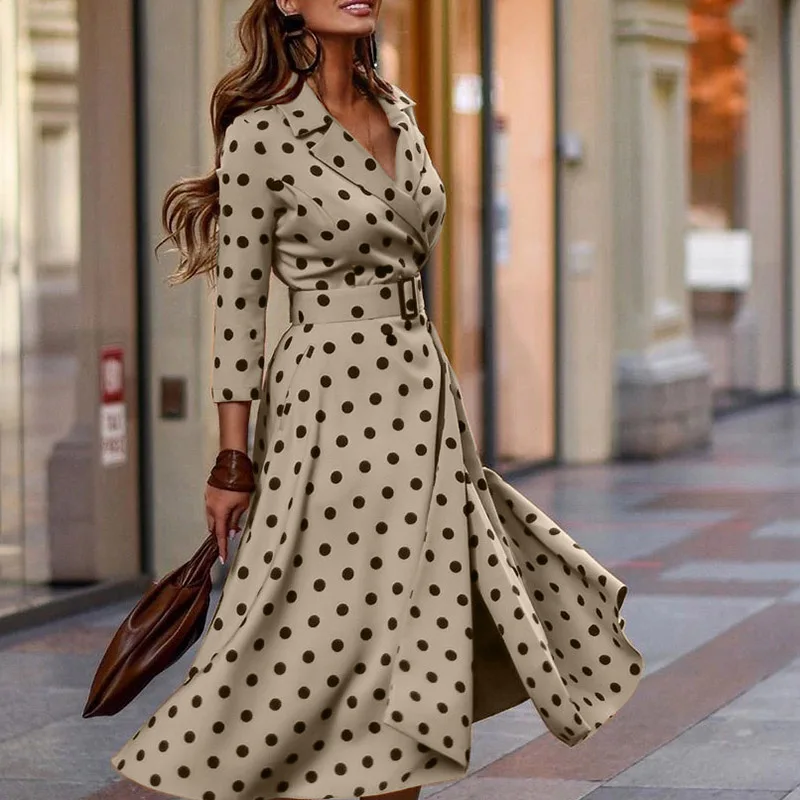 

Women Autumn Turn-Down Collar Full Sleeve Long Party Dress Dot Printing Patchwork Ladies Dress Elegant Streetwear