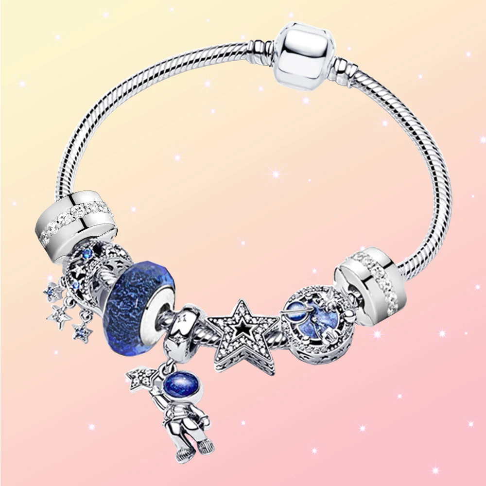 

Blue Astronaut Picking Star Snake Chain Bracelet 925 Silver fit Trendy Engagement DIY Beads Jewelry for Ladies Gift