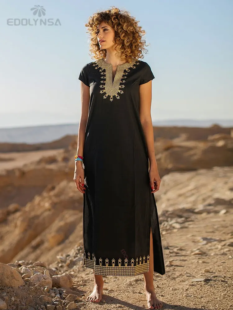 

Elegant Embroidered Mandarin Collar Short Sleeve Side Split Summer Dress Tunic Women Street Wear Casual Maxi Dress Q1154