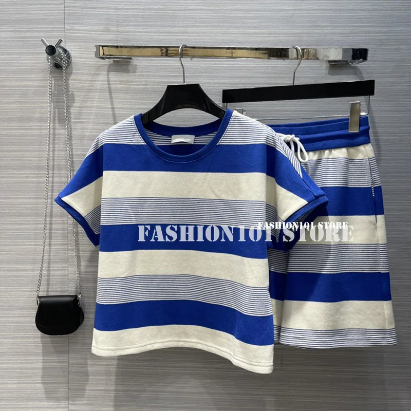 

luxury designer Two Pieces Set Women Branded Logoed striped Pullover tshirt Top + high Waist Wide-Leg Shorts with Chain Bag S-L