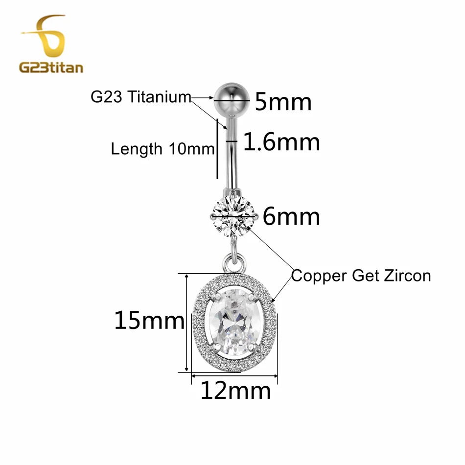 G23titan Яркий серебряный цвет Кристалл пупка кольцо большой Эллипс Подвеска с белым