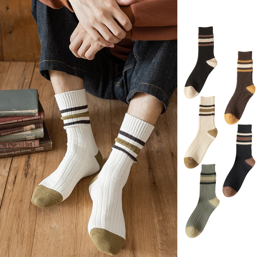 

New Men's Socks, Mid Tube, Horizontal Stripe, Thickened, Warm, Deodorant And Sweat Absorbing Stockings In Autumn And Winter