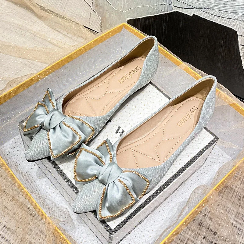 Women Pointed Toe Flats Pumps Bowknot Decoration Wedding Party Shoes Soft Soles Slip on Loafers Office Lady Shoes 658-5