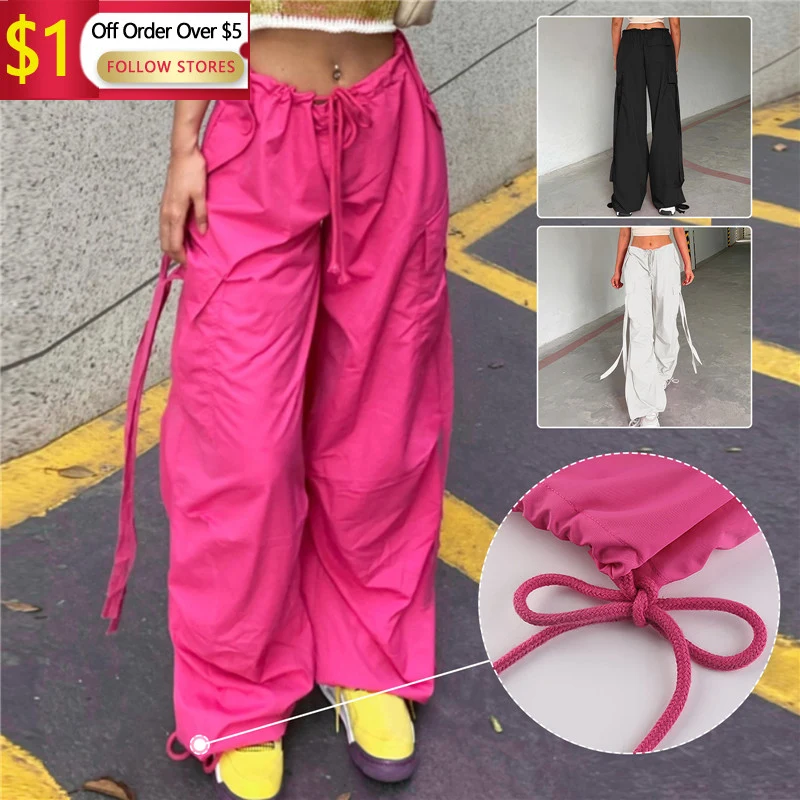 

Fashionable Loose Fitting Slim Drawstring Casual Pants For Women'S Street Wear Pocket Wide Leg High Waist Straight Leg Pants
