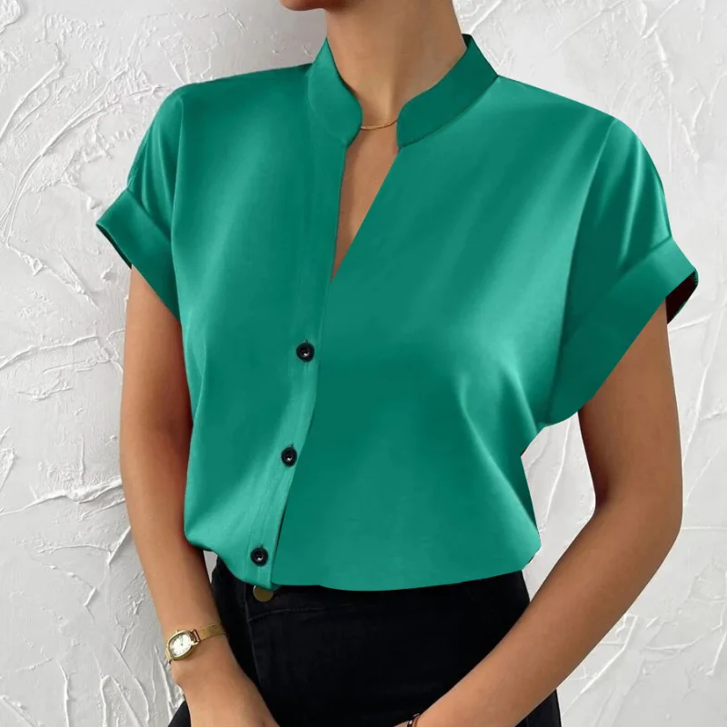 

New Casual Button Loose Blouse Blusas Summer Short Sleeve V-neck Tops Office Lady Fashion Solid Simple Shirts 2023 Women 25985