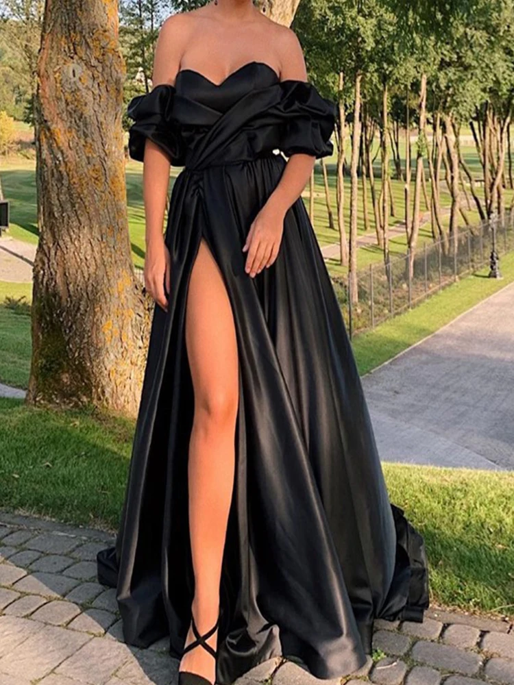 

Сексуальные черные вечерние платья для женщин с открытыми плечами и высоким разрезом, женское платье для выпускного вечера, платье в пол, из...