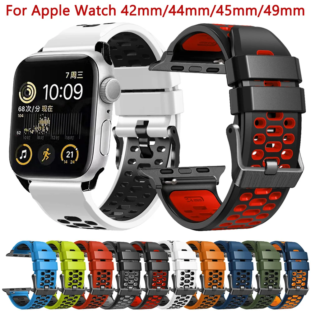 

Ремешок силиконовый для Apple Watch Band 44 мм 42 мм 45 мм 49 мм, браслет для iWatch Series Ultra 4 5 SE 6 7 8, браслет для смарт-часов