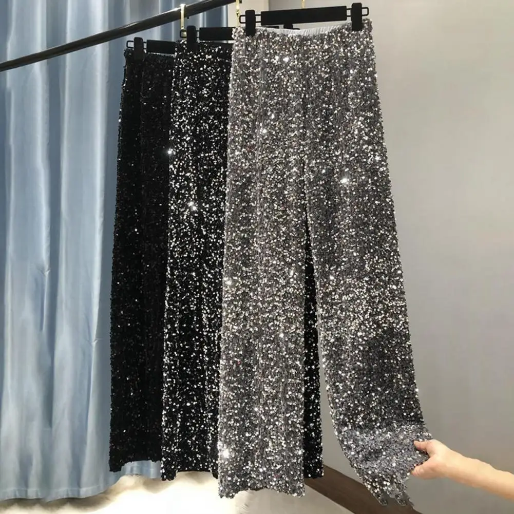 

Women Pants High Waist Elastic Waistband Thickened Lady Pants Winter Shiny Sequins Straight Wide Leg Pants Female Trousers