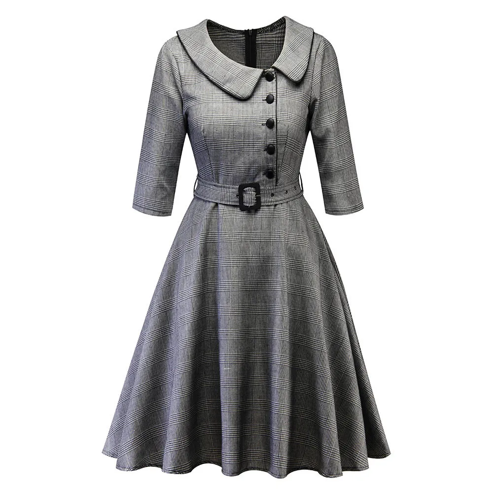

Vintage Plaid Swing Aline Women Irregular Dress Pan Party Princess Collar Women's Dress Short Dress with Pockets