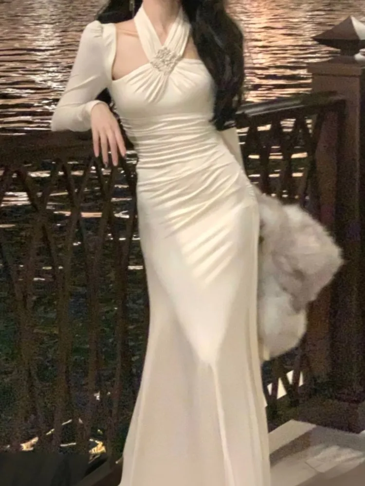 Элегантное платье миди с лямкой на шее женские Облегающие юбки-годе вышивкой