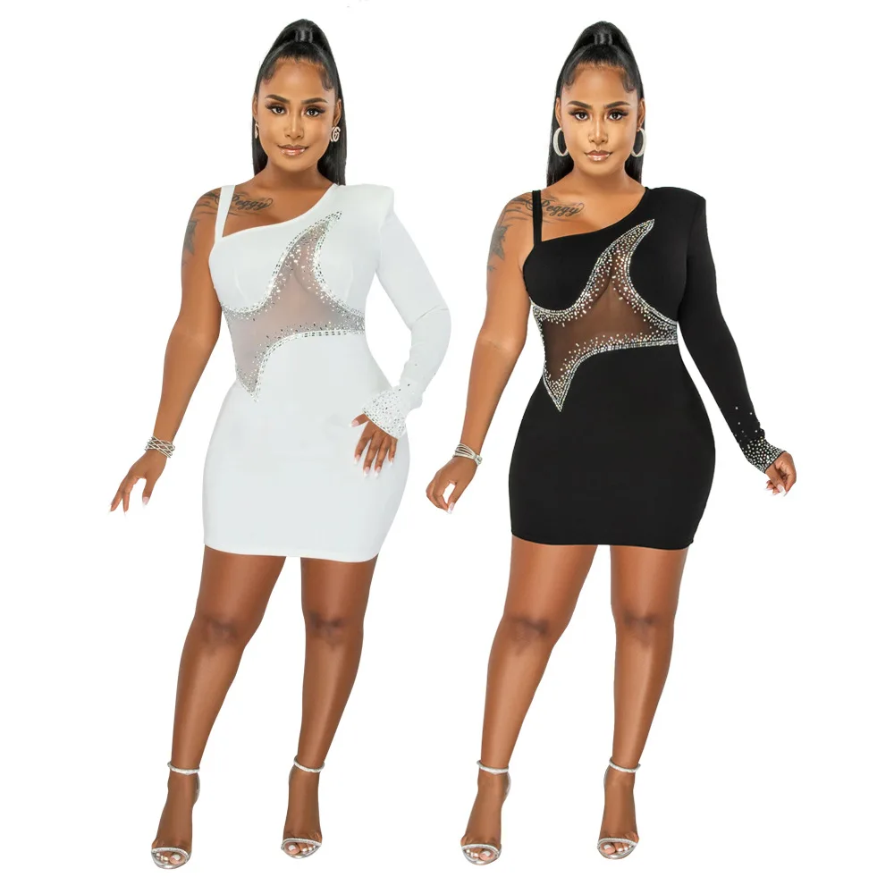 Women Sexy Sequins Evening Dress One Shoulder Long Sleeve Backless Nightclub Dress Fashion Bodycon Hollow  Mini Dresses