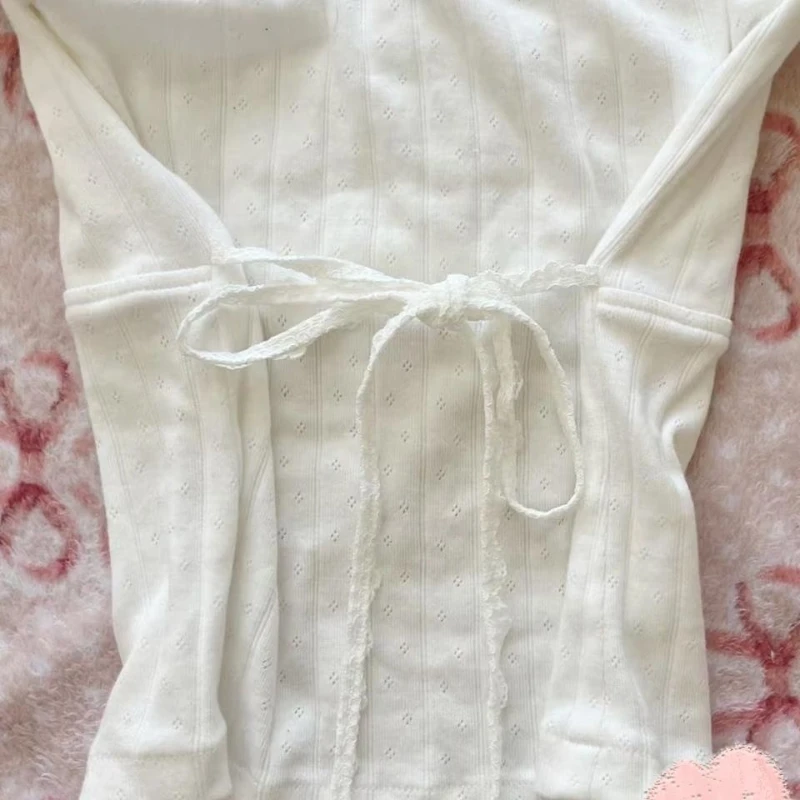 Фото Deeptown Sweet Kawaii белые футболки женские Shoujo модные кокетливые футболки с короткими рукавами и бантом корейский стиль кружевные лоскутные футболки №4