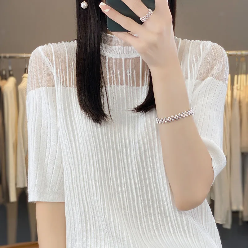 

Ice Silk Splicing Lace Openwork Knitted Short-Sleeved Ladies Slim Bottoming Shirt Blouse With Solid Color T-Shirt Inside Women