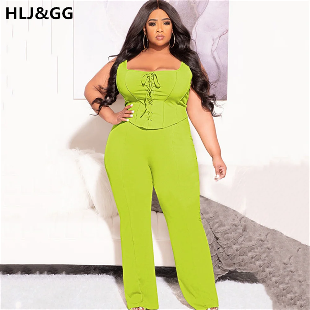 HLJ&GG Casual Solid Plus Size Long Pants Sets XL -4XL Women Square Neck Drawstring Vest Loose Long Pants Two Piece Outfits 2022