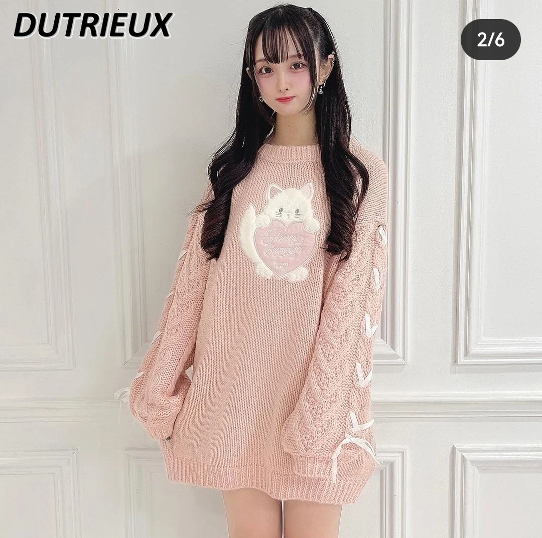 

Lolita Cute Girl Long Eared Rabbit Sweater Pullover Women Sweet Pink Loose Oversized Long Knitted Dress Autumn Winter Clothes