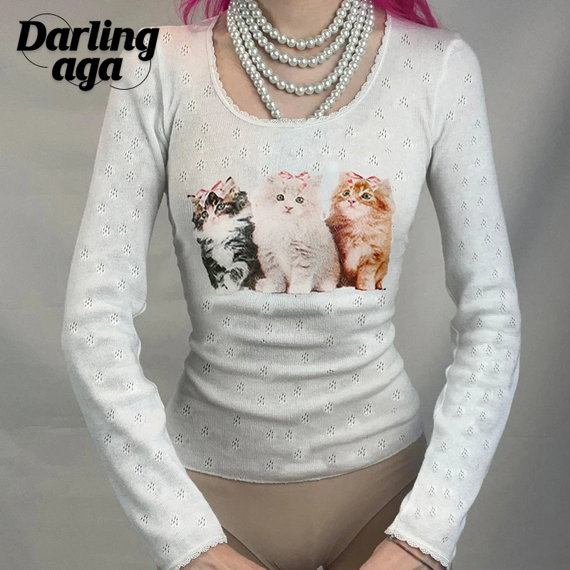 

Вязаная Осенняя футболка Darlingaga в Корейском стиле с принтом кошки, Женская милая облегающая футболка с кружевной отделкой, весна-осень, топы, базовая ткань