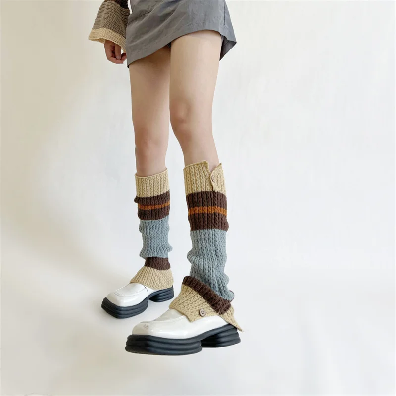 

New Retro Leg Warmers Winter Button Opening American Y2K Harajuku Hot Girl Japanese Contrast Color Pile Knitted Wool Long Socks