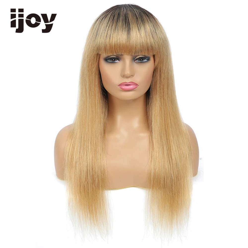 Human Hair Wig With Bangs Straight Hair Colored Ombre Honey Blonde Brazilian Hair Wig Full Machine Wigs For Women Non-Remy IJOY