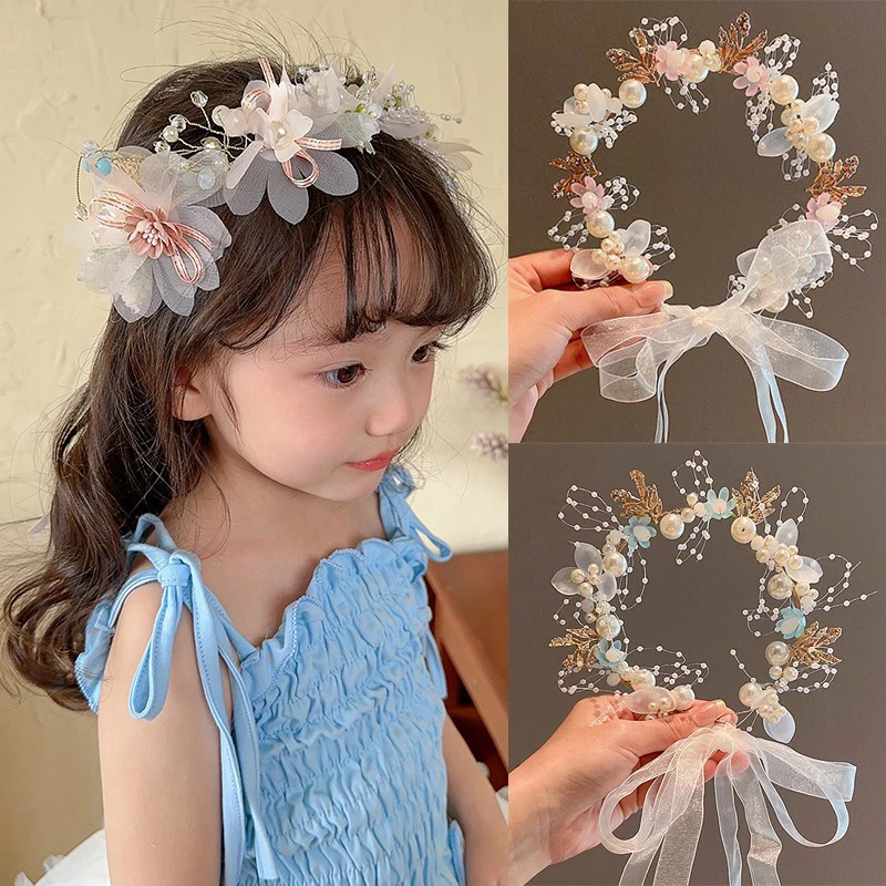 

Children's Tiara Princess Wreath Sweet Cute Fairy Headband Flower Girl Wedding Headwear Pearl Handmade Hair Accessories