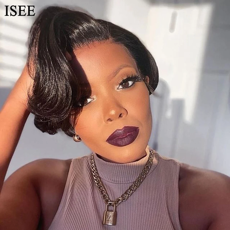 ISEE Short Bob Wig Pixie Cut Straight Wig 13x4 Lace Front Human Hair Wigs For Women 180% Brazilian Straight Lace Frontal Bob Wig