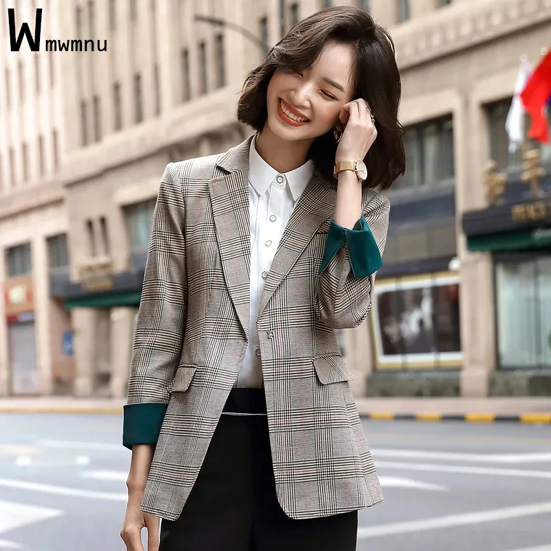 

Casual Slim Plaid Blazer Women Spring Long Sleeve Single Button Suit Coats Korean Chic Vintage Offlce Lady Oversized 70kg Jacket