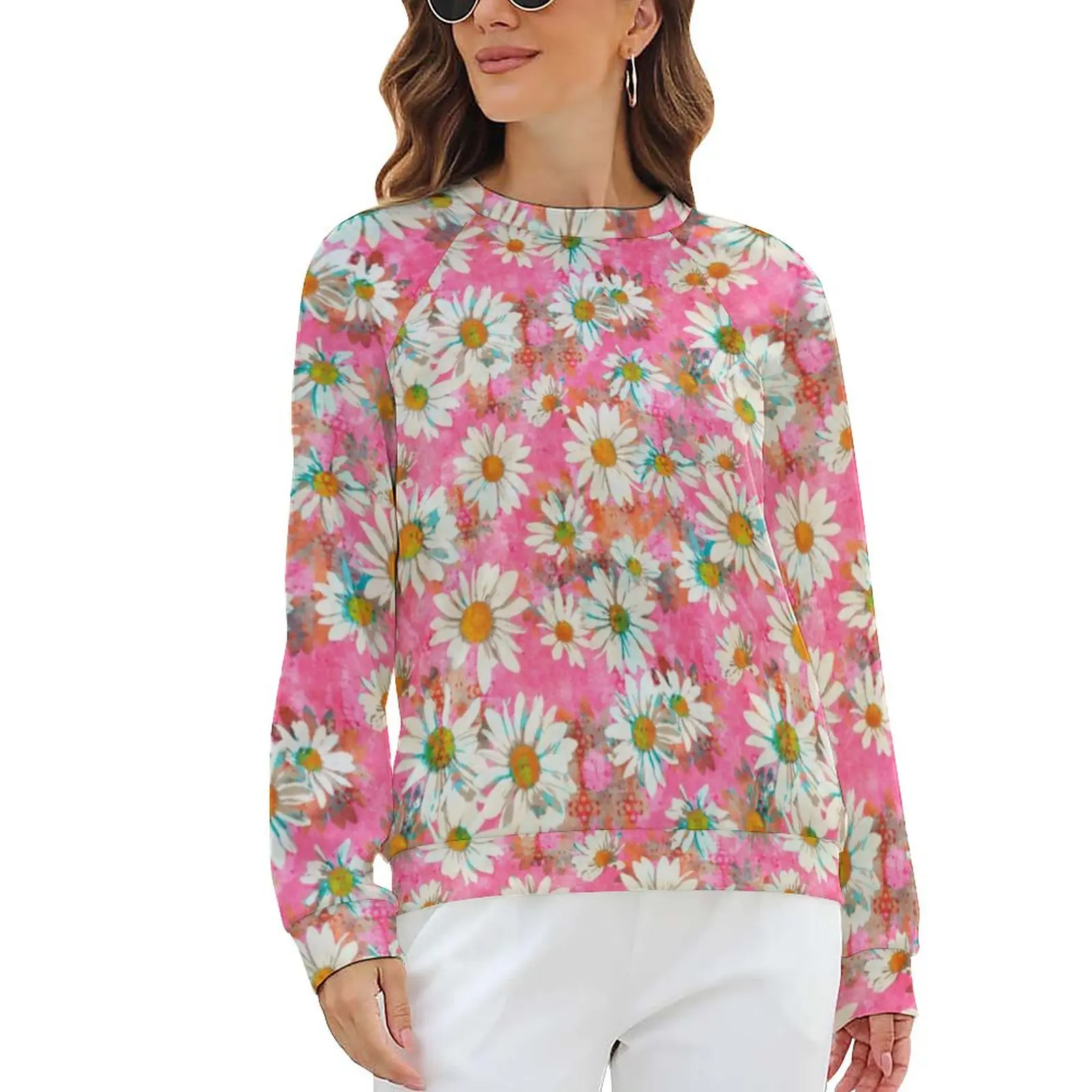 

White Daisy Casual Hoodies Winter Pink Floral Print Modern Hoodie Female Long-Sleeve Oversize Street Style Graphic Sweatshirts