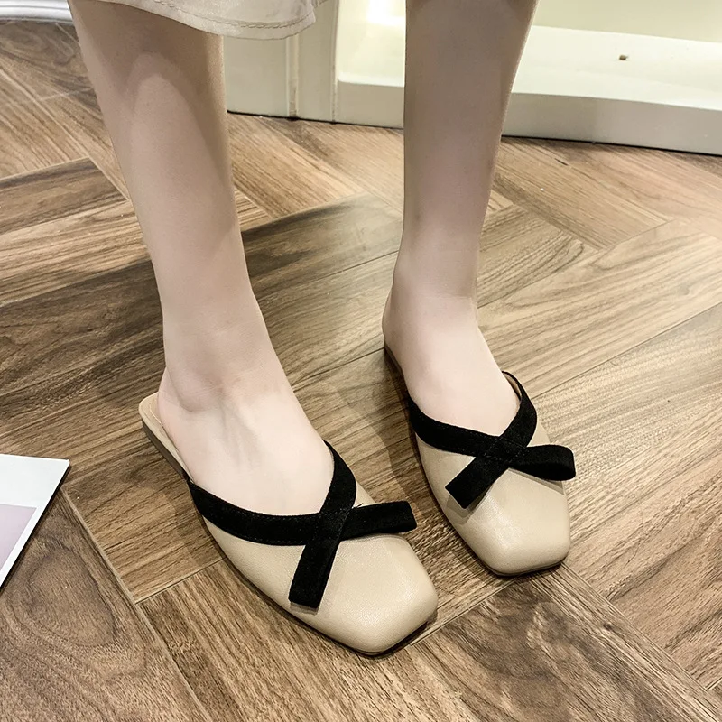 

French Half Slippers Flat Heel Square Head Bow Grace Outwear Fairy Sandals Trendy Women's Shoes Sandalias De Mujer Verano