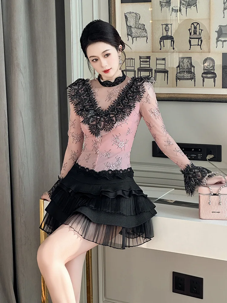 Сексуальная кружевная рубашка весна 2024 3D Gouhua микропрозрачная облегающая для