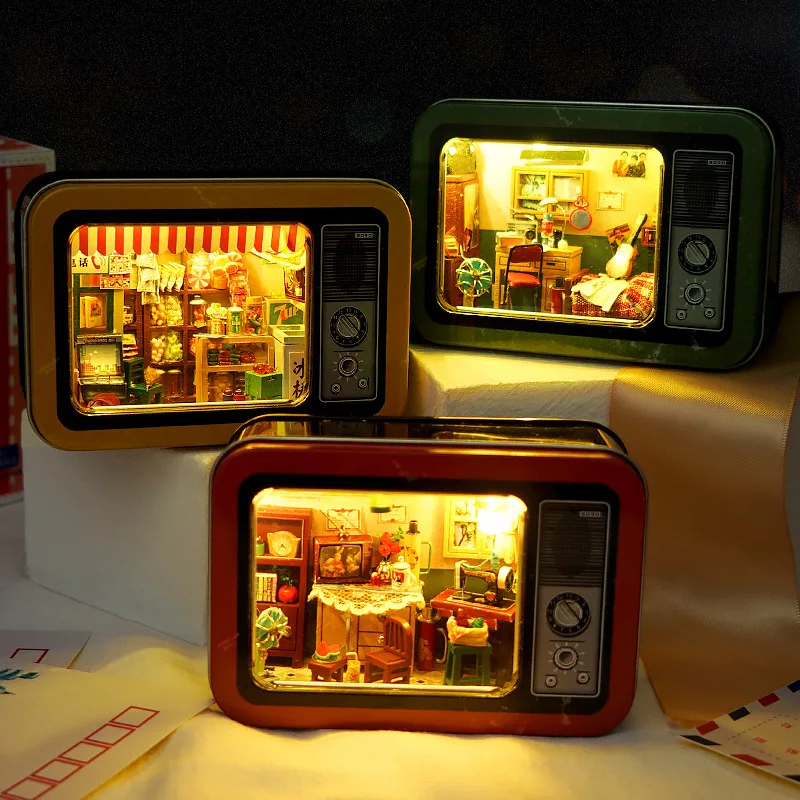 

New Creative Retro DIY Doll House Iron Box TV Furnished Miniature Dollhouse Toys For Kids Adult Gift Birthday Surprise