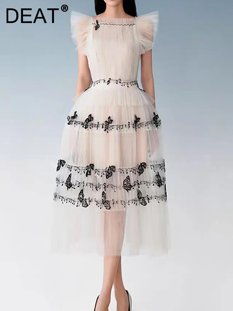 

DEAT Women's Fashion Dress Slash Neck Flying Sleeve Waist Patchwork Gauze Contrast Color Female Dresses Summer 2023 New 13DB2465