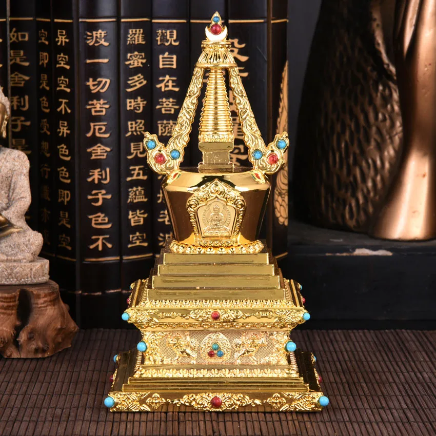 Tibetan Buddhist Ornaments Ritual Supplies, Gold-Plated, Bodhisattva Tantra, Pagoda, 6 Inches, 18cm