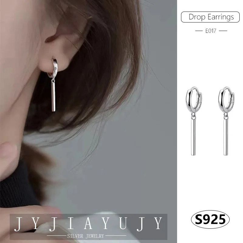 

JYJIAYUJY 100% Sterling Silver S925 Drop Hoop Earrings Vertical Bar Shape Fashion Trendy Hypoallergenic Women Jewelry Gift E017