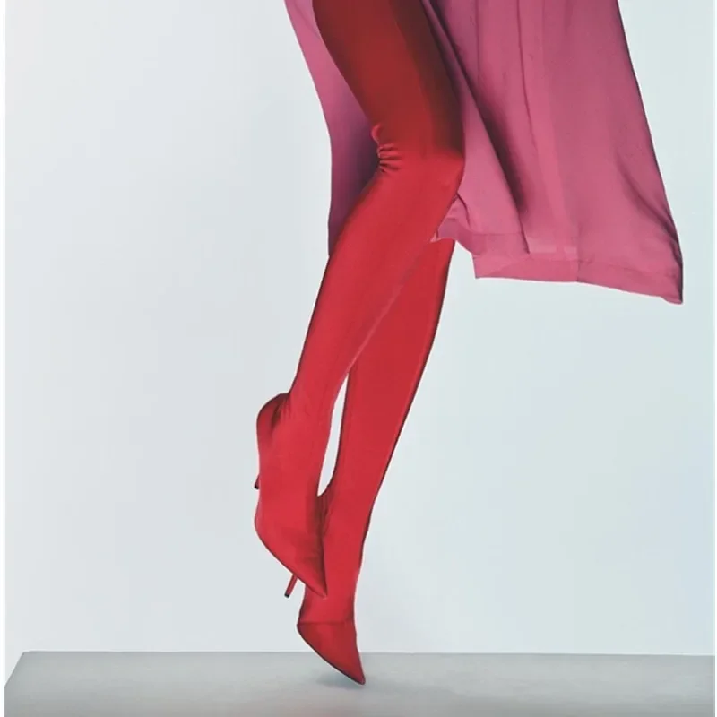 2024Women's Large High-heeled Pointy Dancing Shoes Fashion Slim Knee Length Elastic Boots Sexy Runway Thigh