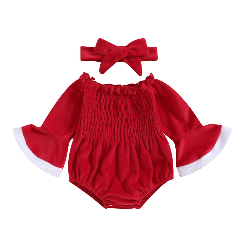 

Baby Girls 2 Piece Outfits Christmas Contrast Color Ruched Velvet Romper and Cute Headband Set for Toddler Infant