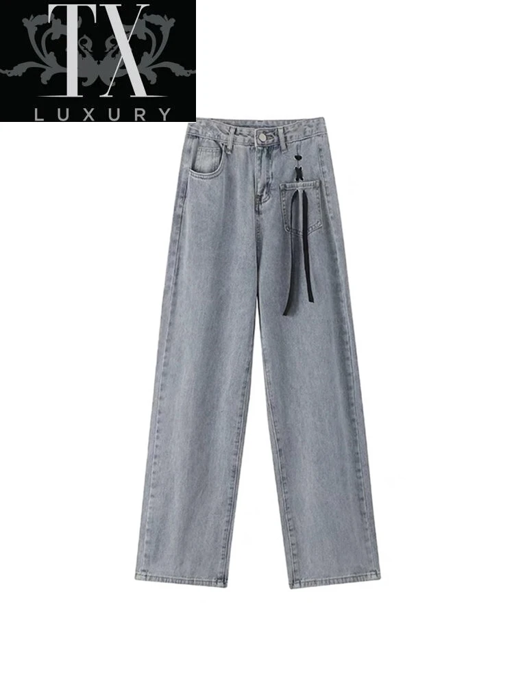 

High Waist Women Spring Chic Bandage Straight Denim Pants Gothic Streetwear Loose All-Match Trousers Female Wide Leg Jeans