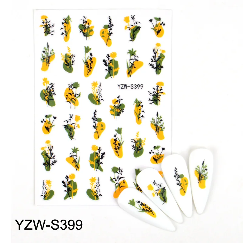 

1 Sheet Flower Leaf Tree Green 3D Bronzing Nail Art Stickers Black White Sliders Summer DIY Decals for Nail Art Decoration