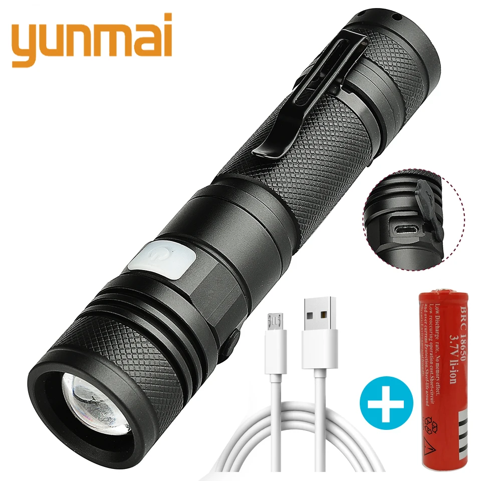 

LED Flashlight USB Rechargeable Buillt in 18650 Battery XM-L2 U3 Torch Adjustable Zoomable Focus 3 Switch Modes Waterproof