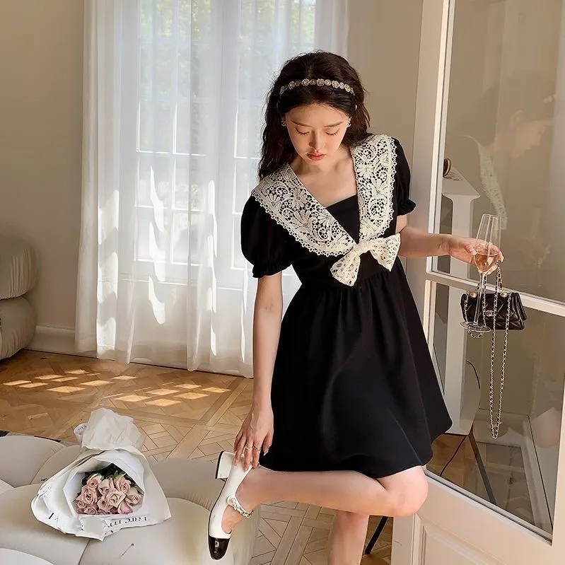 

Woman Dress Black Lace Bow Peter Pan Collar Dresses 2022 Summer Fashion Female A-Line Short Sleeve High Waisted Dress