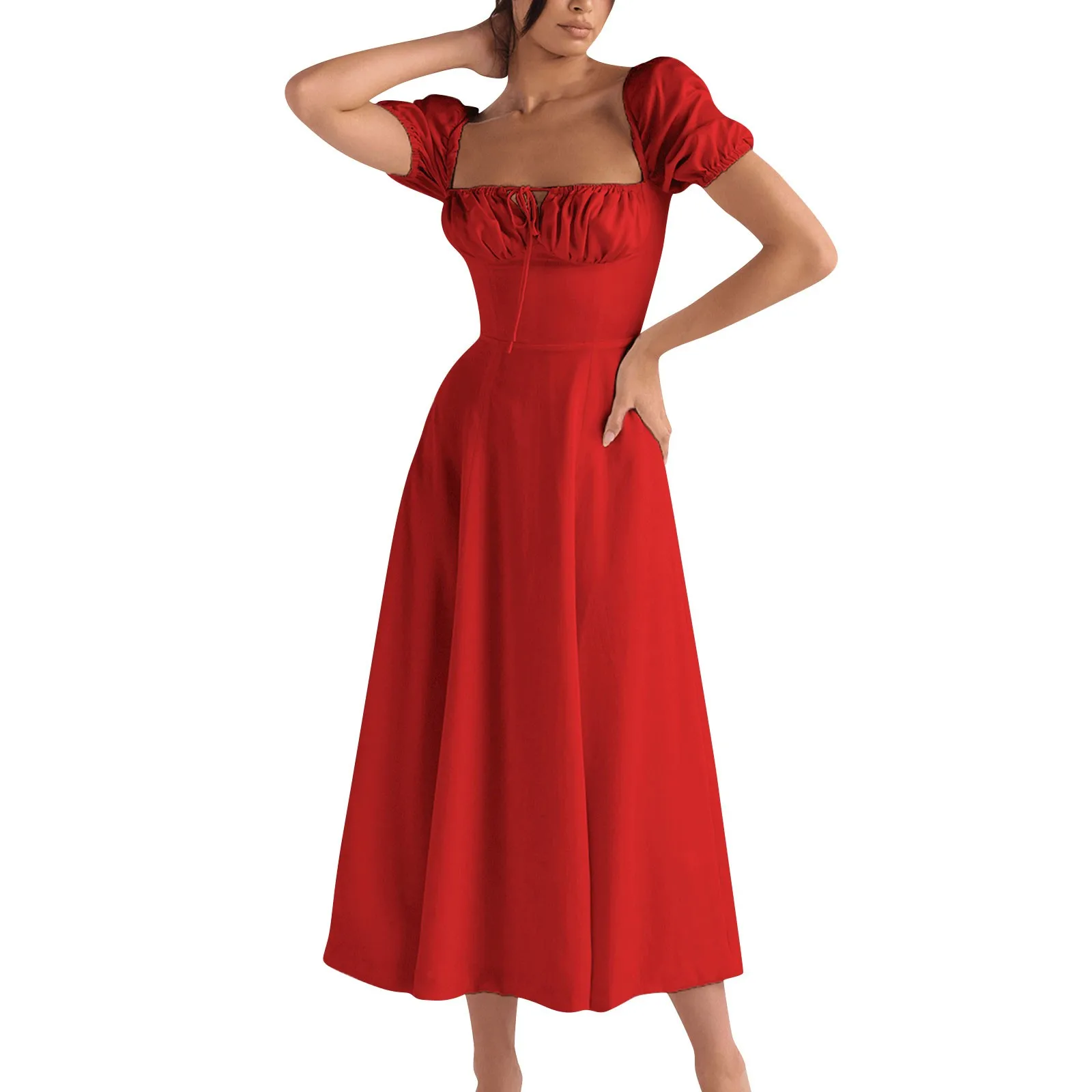 Женское весенне-летнее модное нежное платье средней длины с коротким рукавом