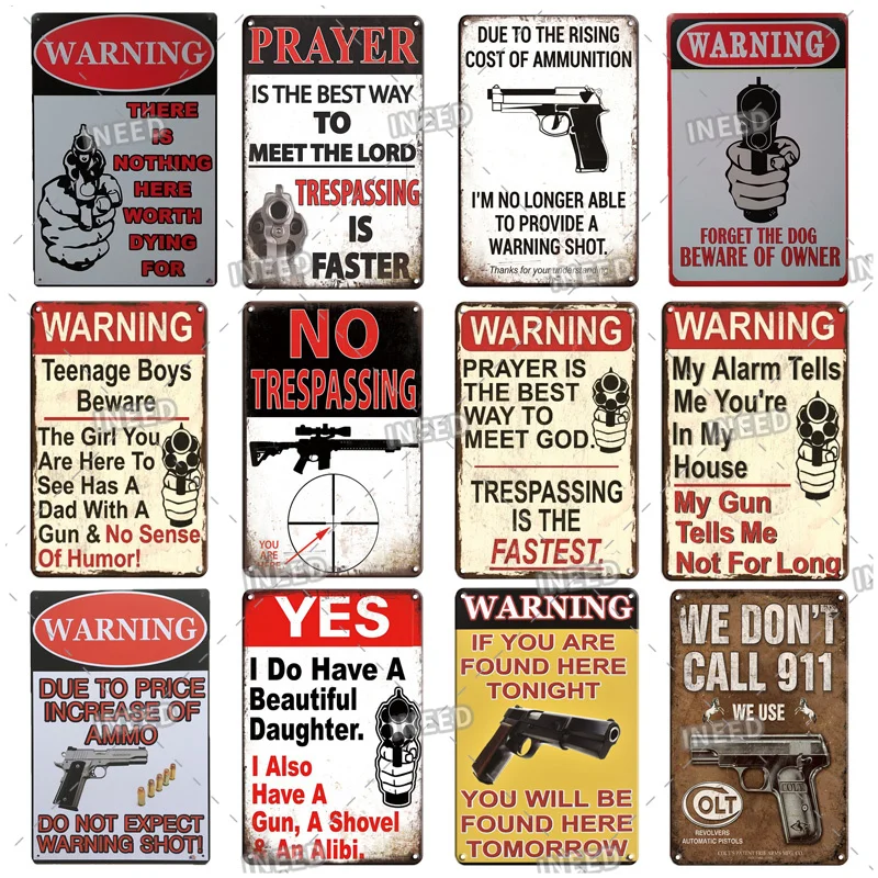 INEED Decor No Trespassing Gun Tin Signs Warning Plaque Metal Retro Metal Sign Vintage Tin Plates Painting Wall Decoration