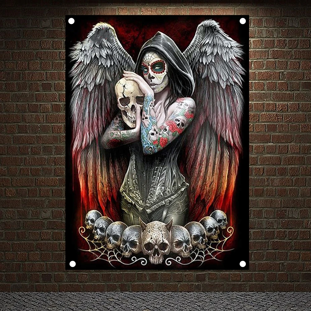 

Skull angel art Banners Skull Tattoo Art Flags Canvas Painting Bar Cafe Home Decor Scary Bloody Posters Tapestry Wall Hanging