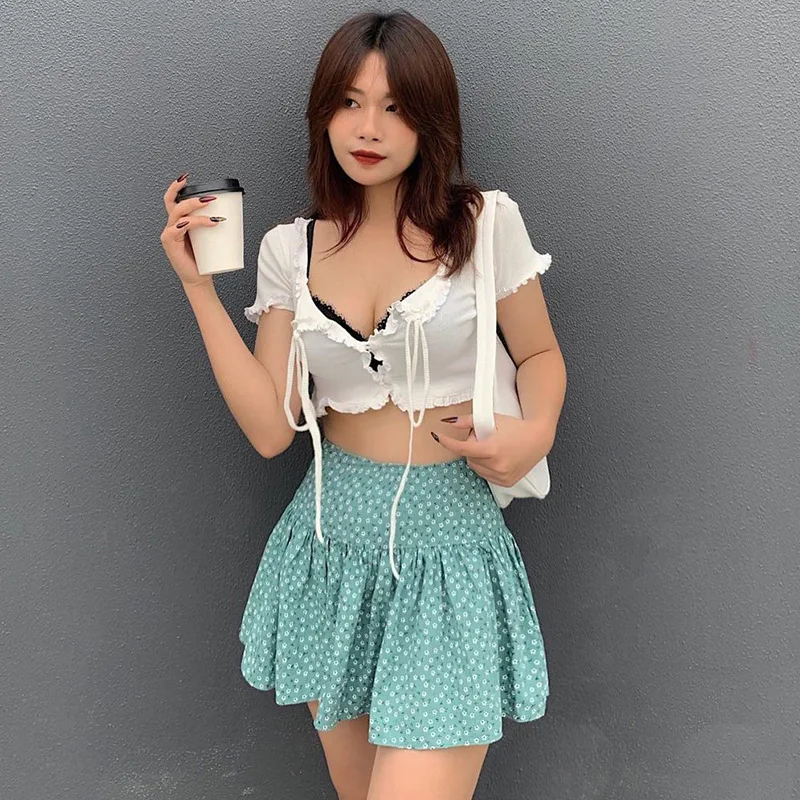 

Kawaii Floral High Waist Irregular Skirt Elastic Skirts Womens Harajuku Skirt Cute Sweet Girl's Pleated Fashion Summer Skirt