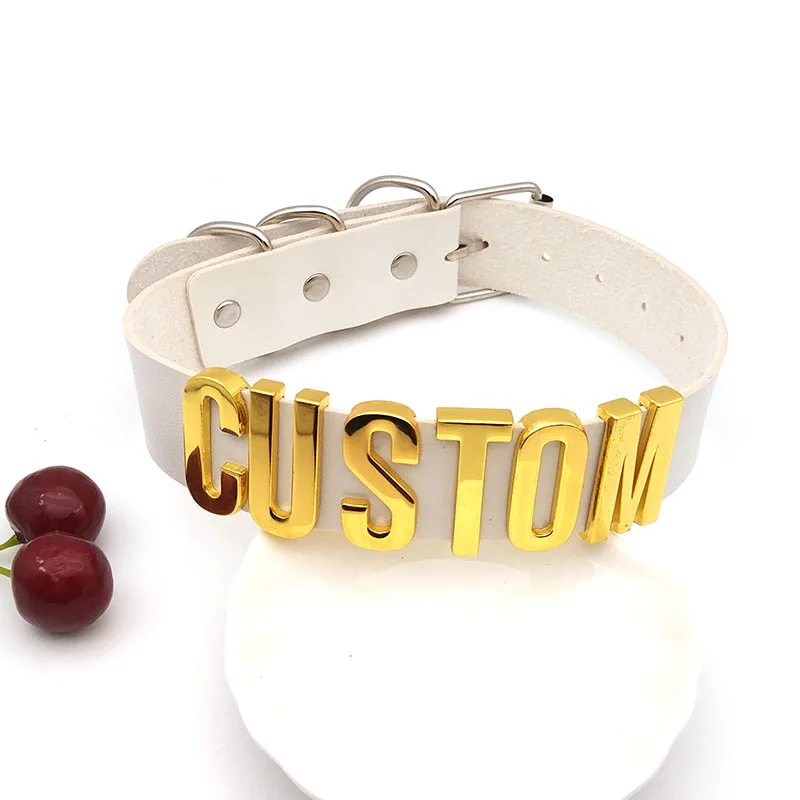30MM Punk Gold Letters Soft White PU Leather Collars Customized Slave Choker Necklace Sexy Belt BDSM Sex Cosplay Party Jewelry