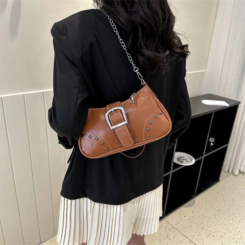 

Vintage Rivet Women's Shoulder Bags Solid Color Ladies Underarm Bag Fashion Chain Small Handbags PU Leather Female Tote Purse