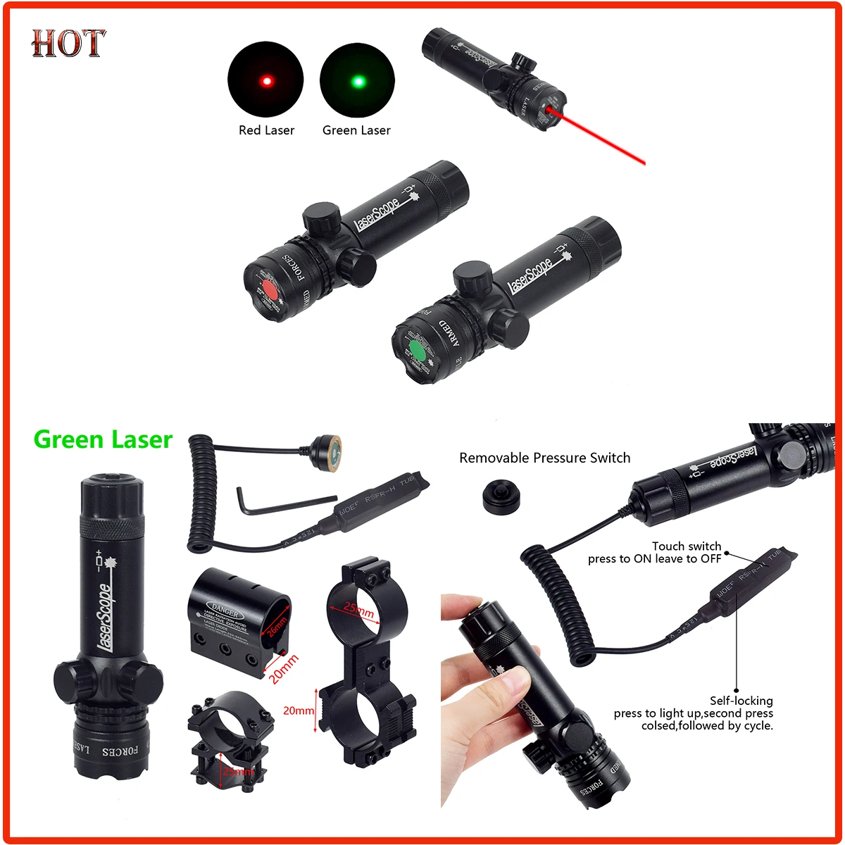 

Tactical Red Green Laser Dot Sight Adjustable Switch 532nm Laser Pointer Rifle Gun Scope Rail Barrel Pressure Switch Mount