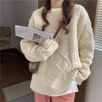 women korean style pullover sweater autumn winter new round neck loose knit pullover female thick warm solid color knit sweater
