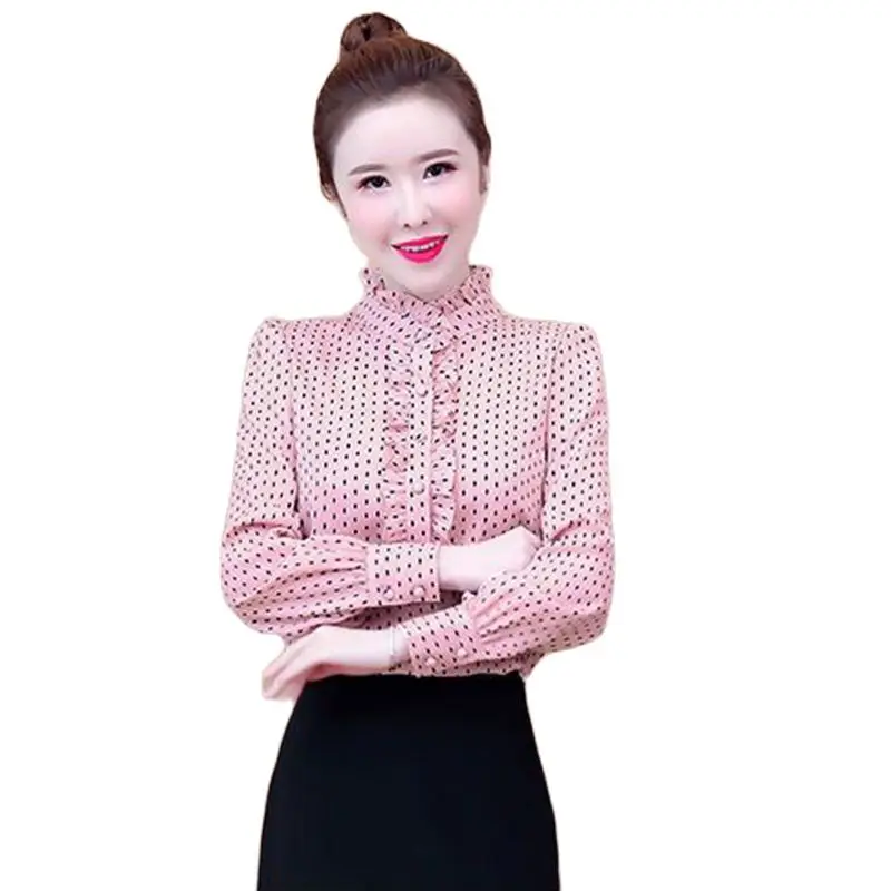 Женская шифоновая блузка в горошек с длинным рукавом и воротником виде листьев