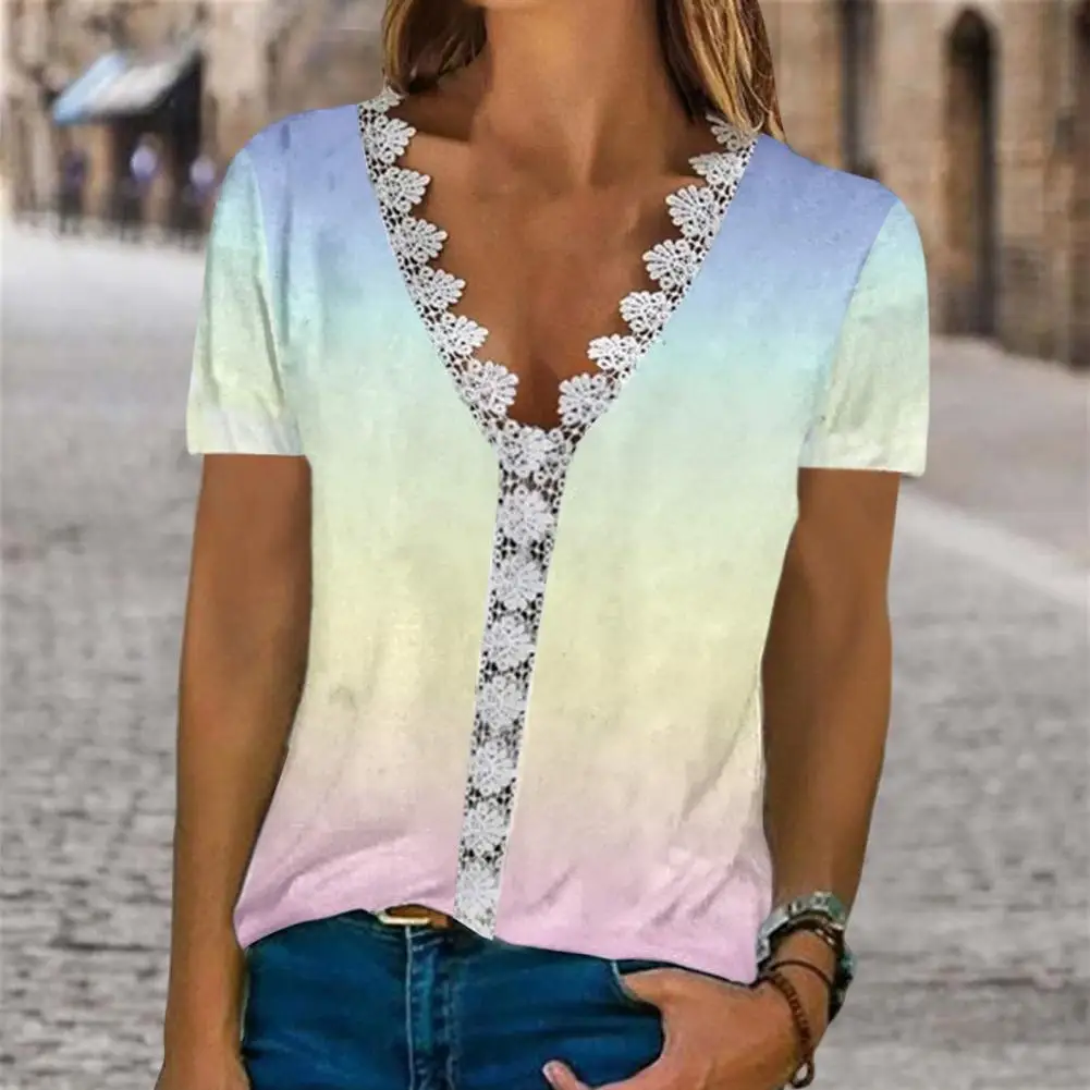 

Trendy Women Blouse Floral Print Soft Summer Shirt Applique Women Summer T-shirt
